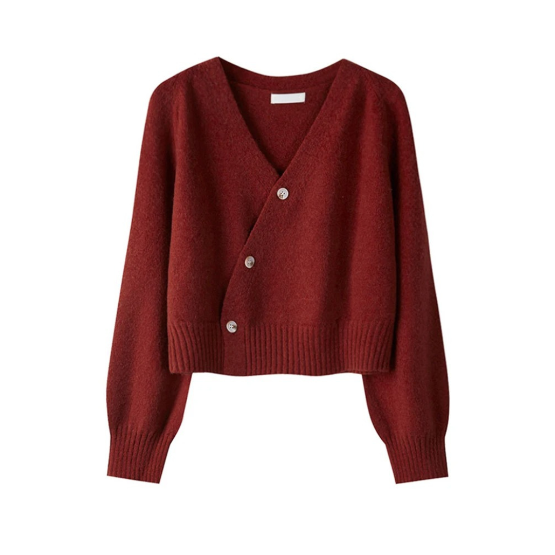 Damen-Strickjacke mit V-Ausschnitt und diagonalem Knopf