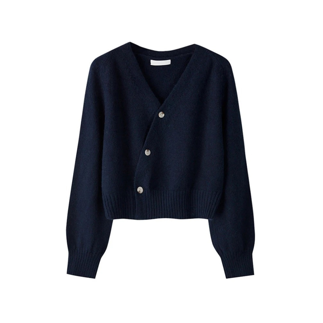 Damen-Strickjacke mit V-Ausschnitt und diagonalem Knopf
